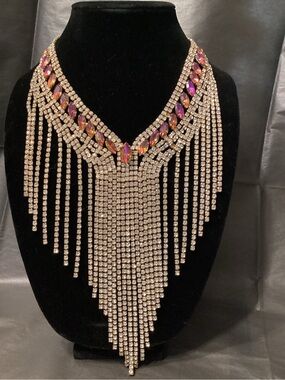 Gold Fringe Statement Necklace with Pink Accent Stones